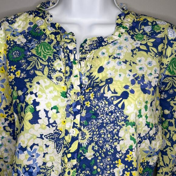 Talbots Cotton Feminine Popover Blouse Butterfly Garden Artsy Floral Blouse Sz L - Picture 2 of 6